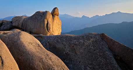 Image showing View from Ulsanbawi rock peak on sunset. Seoraksan National Park, South Corea