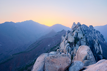 Image showing View from Ulsanbawi rock peak on sunset. Seoraksan National Park, South Corea