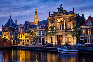 Image showing Canal and houses in the evening. Haarlem, Netherlands