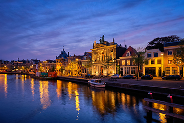 Image showing Canal and houses in the evening. Haarlem, Netherlands