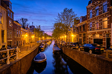 Image showing Canal and houses in the evening. Haarlem, Netherlands