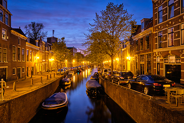 Image showing Canal and houses in the evening. Haarlem, Netherlands