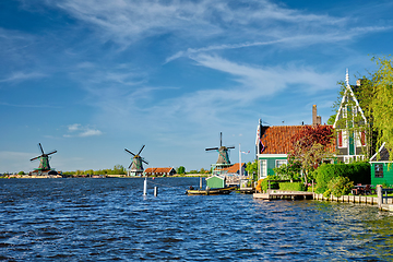 Image showing Windmills at Zaanse Schans in Holland. Zaandam, Netherlands