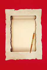 Image showing Retro Writing Equipment with Ink Pen and Parchment Paper Scroll 