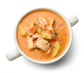 Image showing bowl of salmon and tomato soup with potatoes