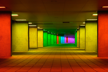 Image showing Colorful mulitcolord illuminated gallery tunnel near Museum Park, Rotterdam, The Netherlands