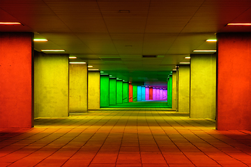 Image showing Colorful mulitcolord illuminated gallery tunnel near Museum Park, Rotterdam, The Netherlands