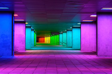 Image showing Colorful mulitcolord illuminated gallery tunnel near Museum Park, Rotterdam, The Netherlands