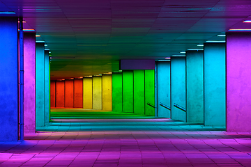 Image showing Colorful mulitcolord illuminated gallery tunnel near Museum Park, Rotterdam, The Netherlands