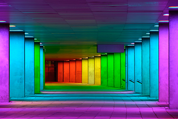 Image showing Colorful mulitcolord illuminated gallery tunnel near Museum Park, Rotterdam, The Netherlands