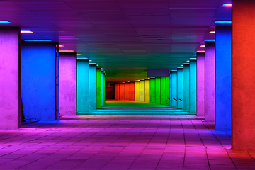 Image showing Colorful mulitcolord illuminated gallery tunnel near Museum Park, Rotterdam, The Netherlands