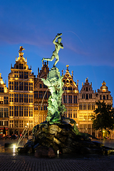 Image showing Antwerp Grote Markt with famous Brabo statue and fountain at night, Belgium