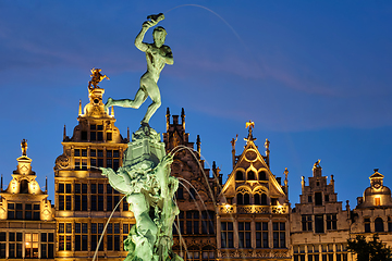 Image showing Antwerp Grote Markt with famous Brabo statue and fountain at night, Belgium