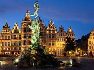 Image showing Antwerp Grote Markt with famous Brabo statue and fountain at night, Belgium