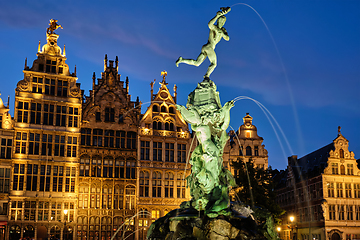 Image showing Antwerp Grote Markt with famous Brabo statue and fountain at night, Belgium