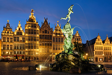 Image showing Antwerp Grote Markt with famous Brabo statue and fountain at night, Belgium