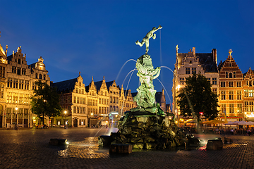 Image showing Antwerp Grote Markt with famous Brabo statue and fountain at night, Belgium