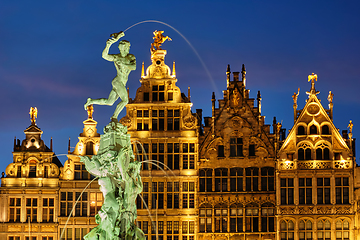 Image showing Antwerp Grote Markt with famous Brabo statue and fountain at night, Belgium