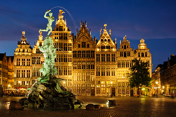 Image showing Antwerp Grote Markt with famous Brabo statue and fountain at night, Belgium