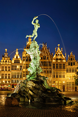 Image showing Antwerp Grote Markt with famous Brabo statue and fountain at night, Belgium