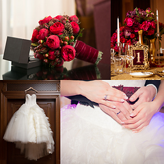 Image showing Collage of wedding photos. Bridal bouquet, dress, beautiful decoration, flowers and floral, ceremony