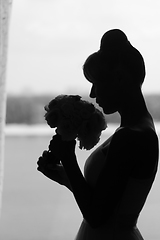 Image showing black and white silhouette of the bride weared in dress and veil with a bouquet