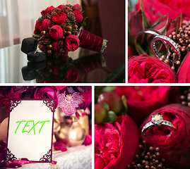 Image showing Collage of wedding photos. Bridal bouquet, dress, beautiful decoration, flowers and floral, ceremony