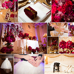 Image showing Collage of wedding photos. Bridal bouquet, dress, beautiful decoration, flowers and floral, ceremony