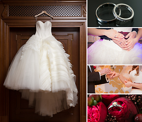 Image showing Collage of wedding photos. Bridal bouquet, dress, beautiful decoration, flowers and floral, ceremony