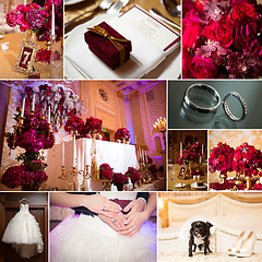 Image showing Collage of wedding photos. Bridal bouquet, dress, beautiful decoration, flowers and floral, ceremony