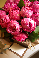 Image showing Bouquet of peony roses with letter with space for text