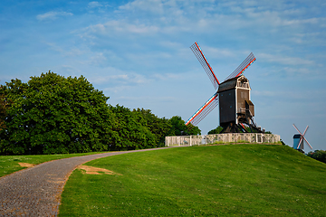 Image showing Sint-Janshuismolen Sint-Janshuis Mill windmill in Bruges on sunset, Belgium