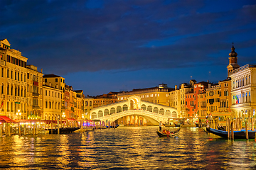 Image showing Rialto bridge Ponte di Rialto over Grand Canal at night in Venice, Italy