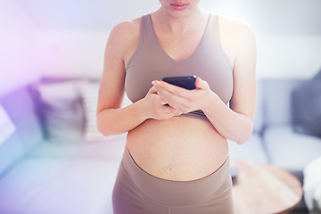 Image showing Close-up photo of pregnant female belly. Woman holding and using mobile smart phone application at home interiors. Pregnancy, technology, online shopping, preparation and expectation concept.