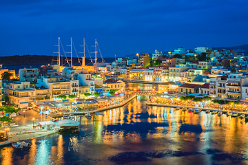 Image showing Beautiful Agios Nikolaos town at night. Lasithi region of Crete island, Greece