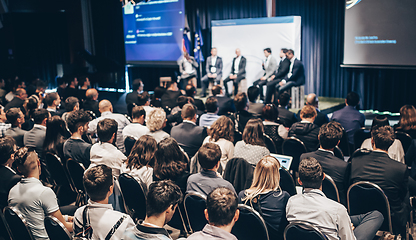 Image showing Round table discussion at business conference meeting event.. Audience at the conference hall. Business and entrepreneurship symposium.