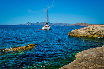 Image showing Yacht boat at Sarakiniko Beach in Aegean sea, Milos island , Greece