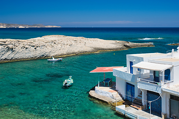 Image showing Crystal clear blue water at MItakas village beach, Milos island, Greece.