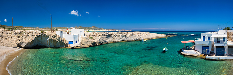 Image showing Crystal clear blue water at MItakas village beach, Milos island, Greece.