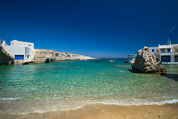 Image showing Crystal clear blue water at MItakas village beach, Milos island, Greece.