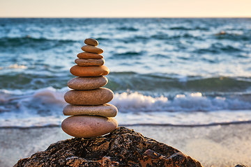 Image showing Concept of balance and harmony - stone stack on the beach