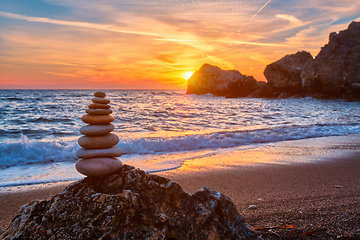 Image showing Concept of balance and harmony - stone stack on the beach