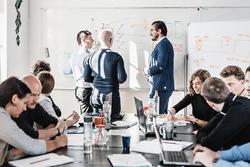 Image showing Relaxed informal IT business startup company team meeting.