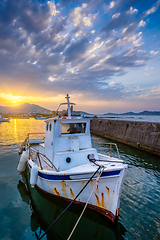 Image showing Fishing boat in port of Naousa on sunset. Paros lsland, Greece