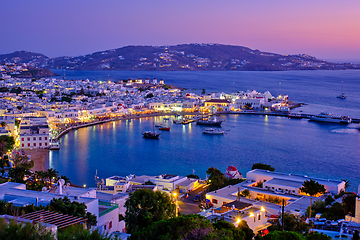 Image showing Mykonos island port with boats, Cyclades islands, Greece