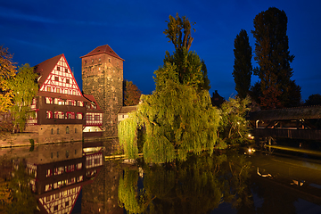 Image showing Nuremberg city houses on riverside of Pegnitz river. Nuremberg, Franconia, Bavaria, Germany