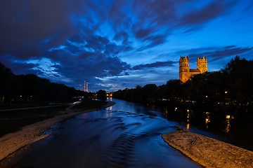 Image showing Isar river, park and St Maximilian church from Reichenbach Bridge. Munchen, Bavaria, Germany.