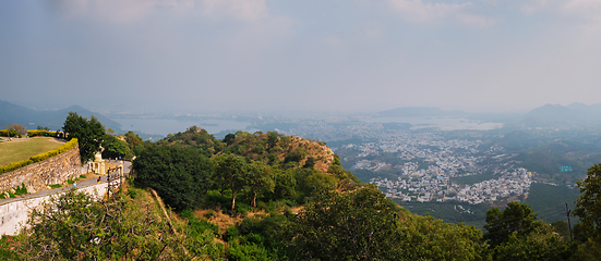 Image showing View of Udaipur and Lake Pichola from Monsoon Palace. Udaipur, Rajasthan, India