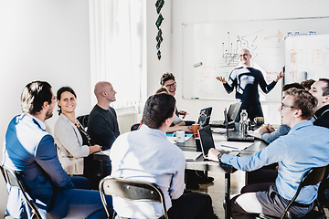 Image showing Relaxed informal IT business startup company team meeting.