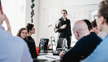 Image showing Relaxed informal IT business startup company team meeting.